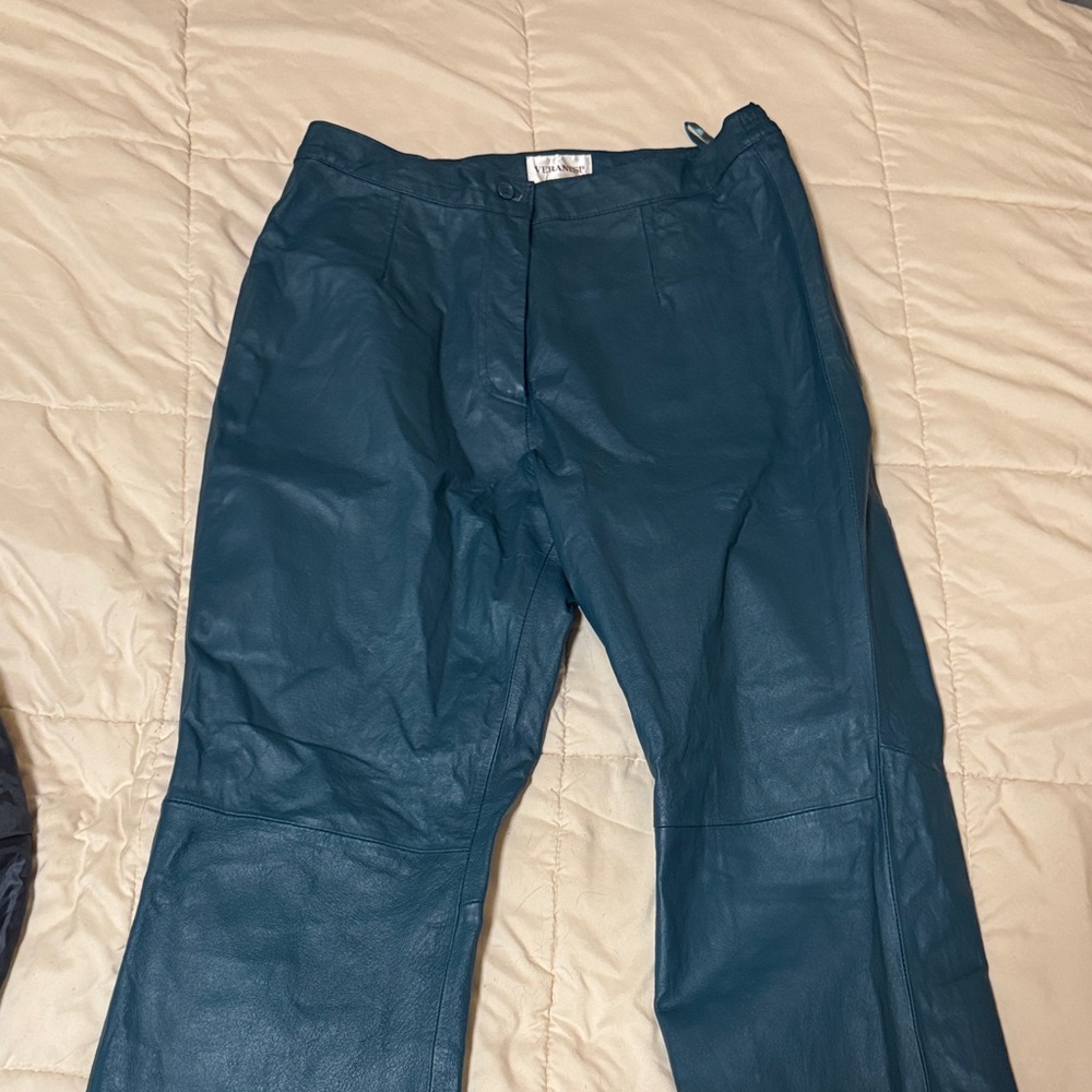 Teal Leather Straight-Leg Pants